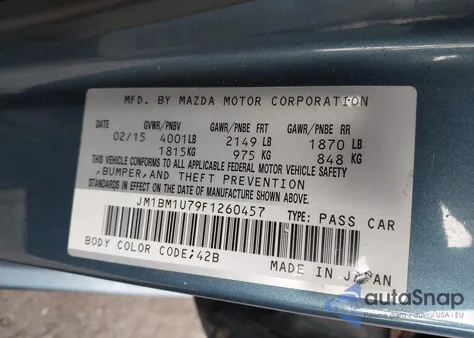 2015 Mazda Mazda3 I Sport z USA, uszkodzony, nr VIN JM1BM1U79F1260457